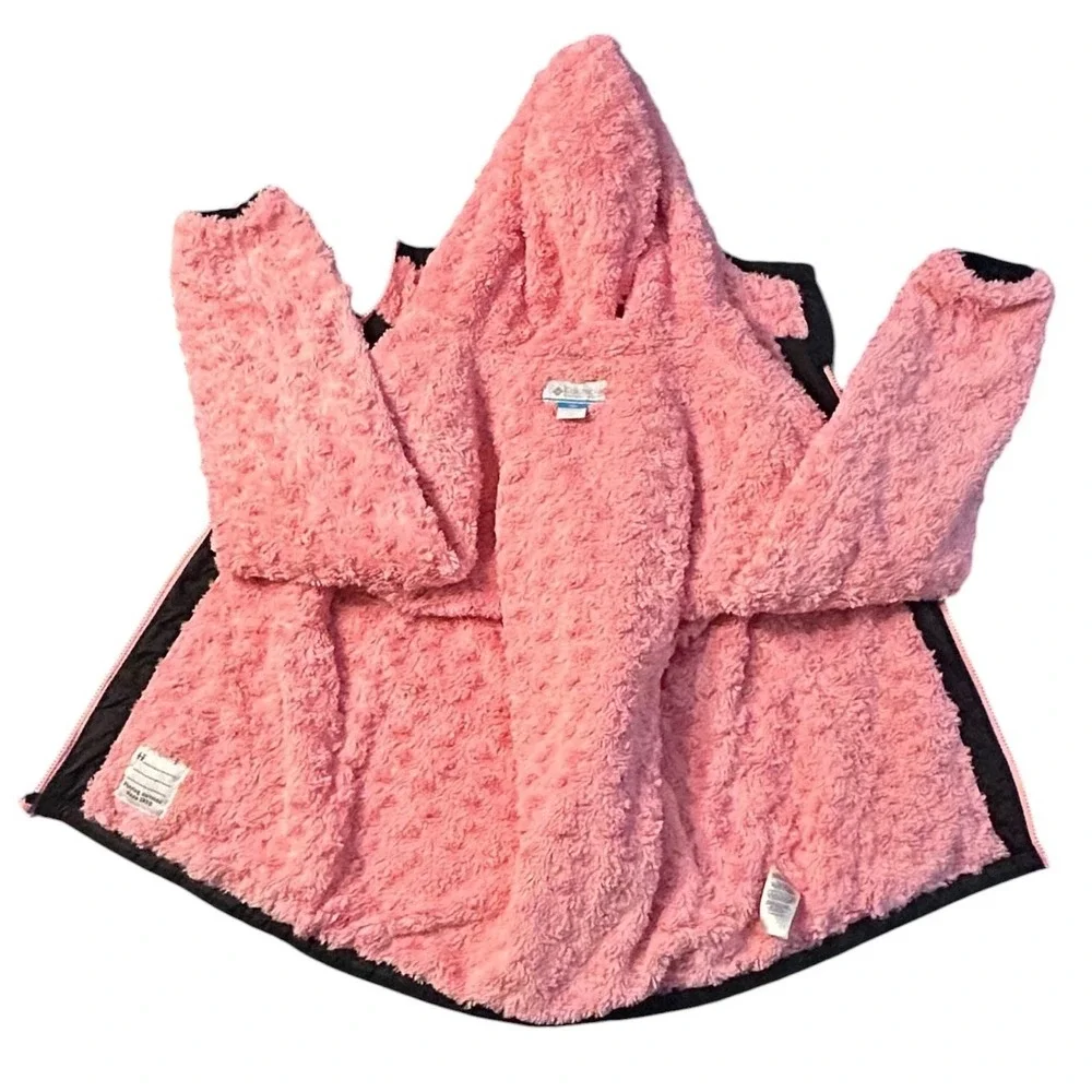 Columbia Girls XL Black Quilted Hooded Jacket Pink Fleece Lined Full Zip Coat